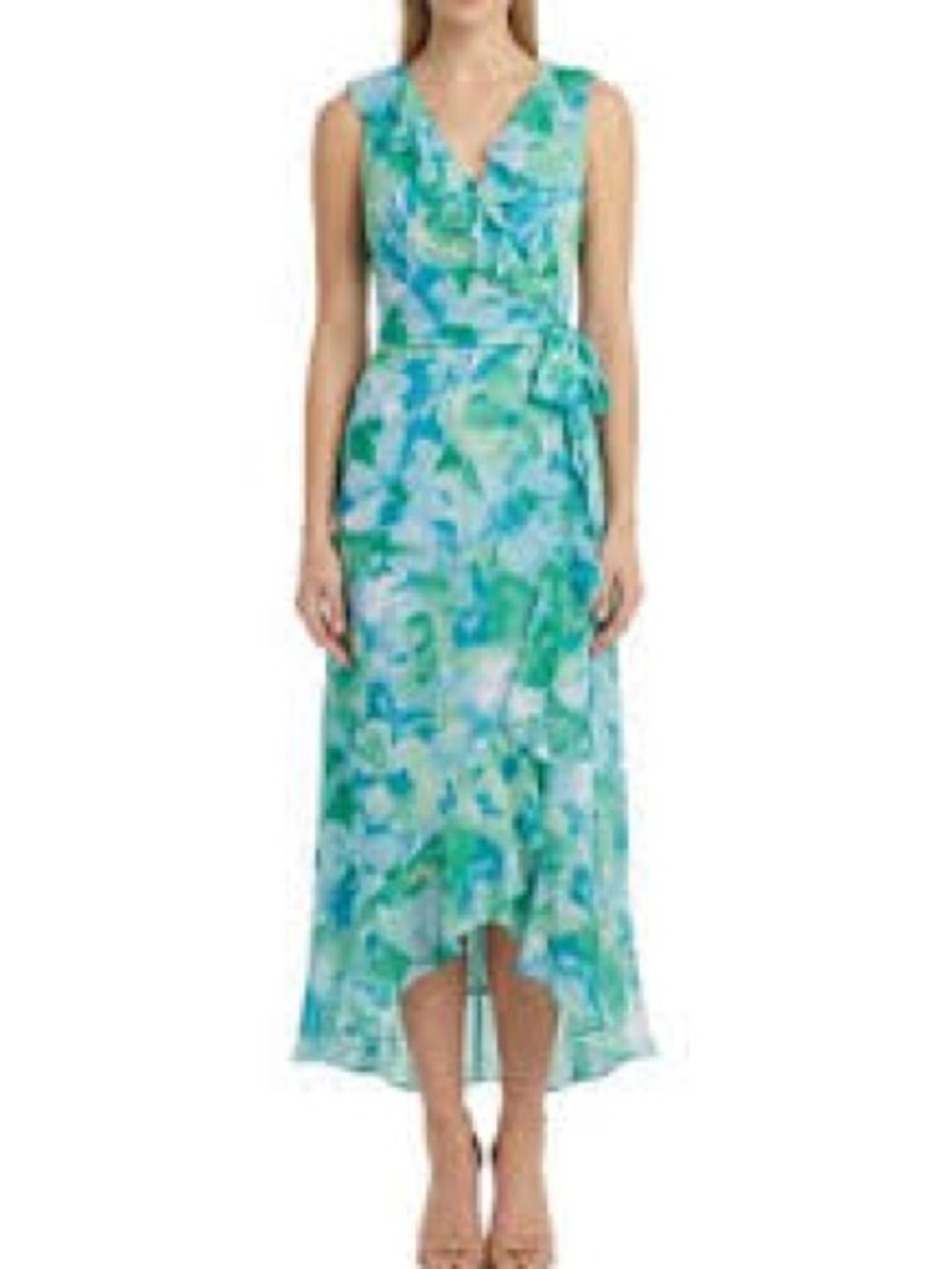 Sleeveless Green Blue Floral Wrap Midi Dress- brand is London times